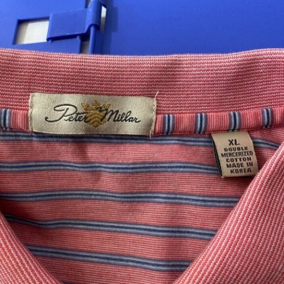 Peter Millar Polo Shirt Mens XL Pink Blue Striped Preppy Golf Casual S/S - Picture 8 of 11